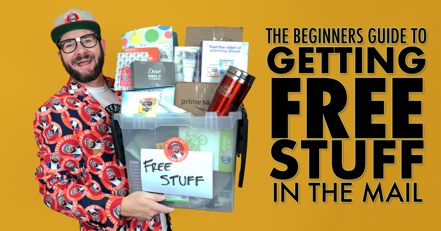 The Freebie Guy holding a big clear bin of free stuff or freebies he got. Text is "the beginners guide to getting free stuff in the mail".