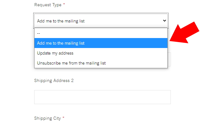 Drop down menu with "add me to the mailing list" selected with red arrow.