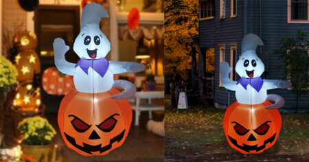 FT Halloween Inflatable Outdoor Ghost Sitting on The Pumpkin