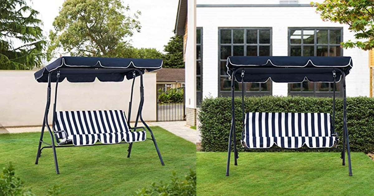 Amazon Basics Outdoor Seat Striped Patio Swing with Canopy Dark Blue and White