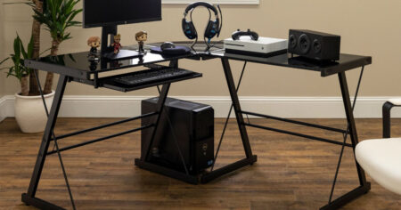 Walker Edison L Shaped Modern Glass Corner Computer Desk