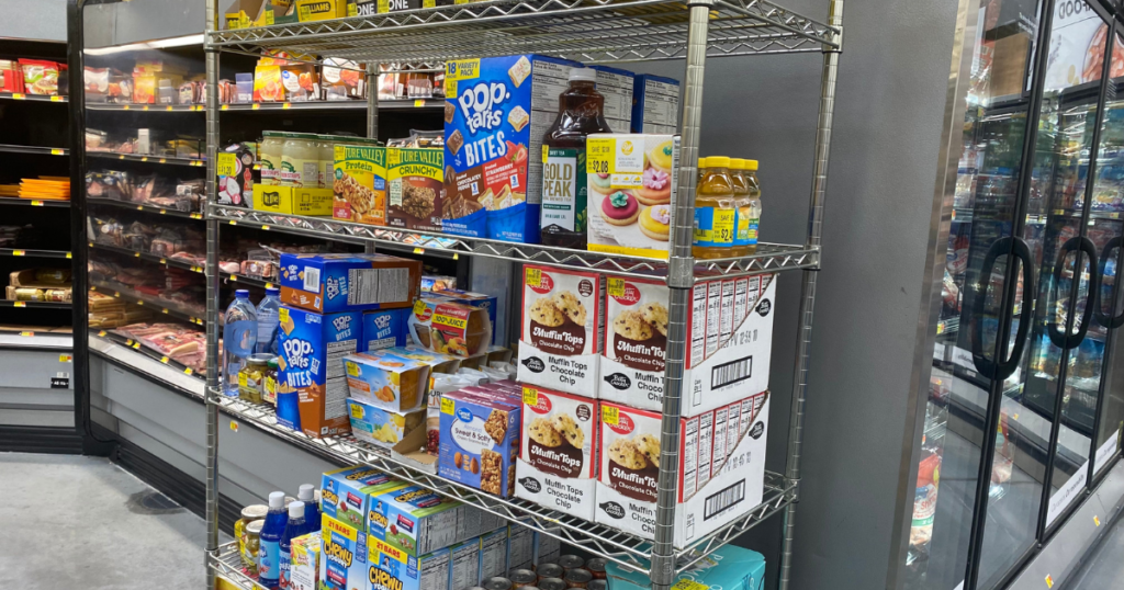 shelf of clearance food items in walmart