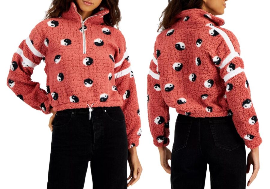 Derek Heart Juniors Printed Sherpa Zip Neck Cropped Top e