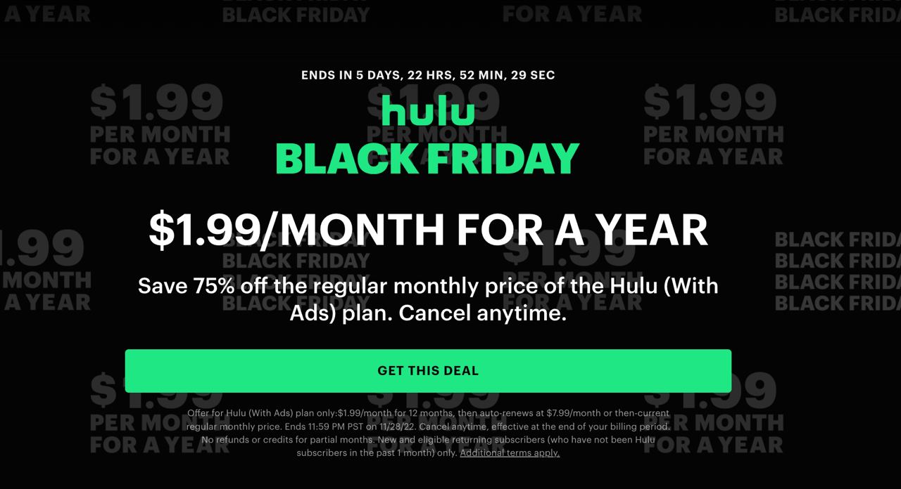 Hulu Black Friday Deal 2022 ONLY 1.99/Month for 1Year BEST PRICE