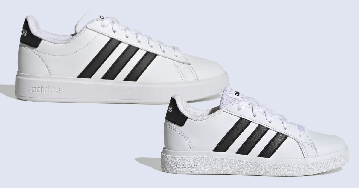 two pairs of black and white Adidas sneakers