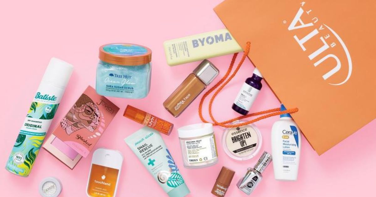 beauty products spilling out of an ULTA beauty bag
