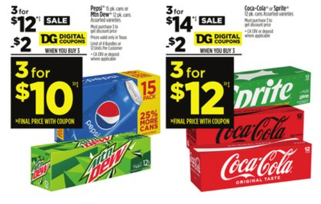 HOT SODA DEAL at Dollar General: 3/$10 Pepsi 12-Packs or 3/$12 Coca ...