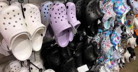 Crocs Clogs Arranged on pegs