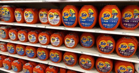 row of Tide pods on a shelf