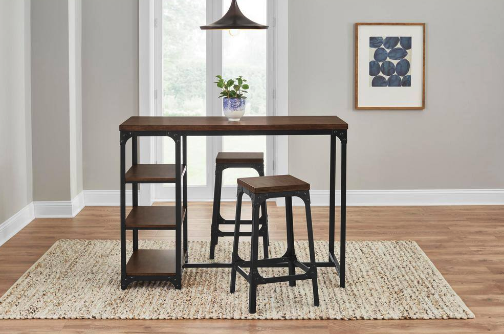 StyleWell Black Metal 3 Piece Dining Set with Haze Oak Finish Wood Top