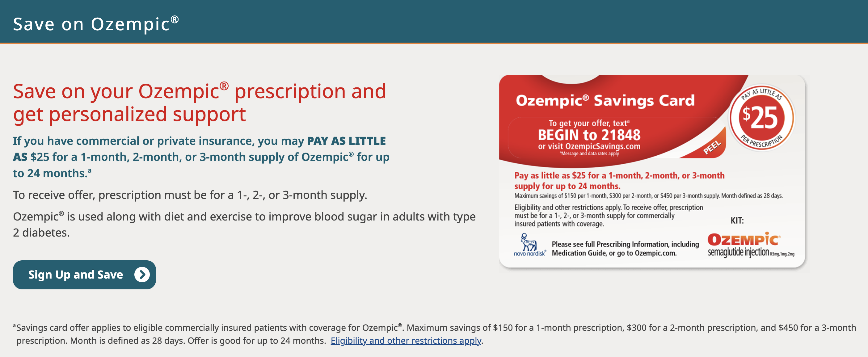 Ozempic prescription savings card and information about the prescription