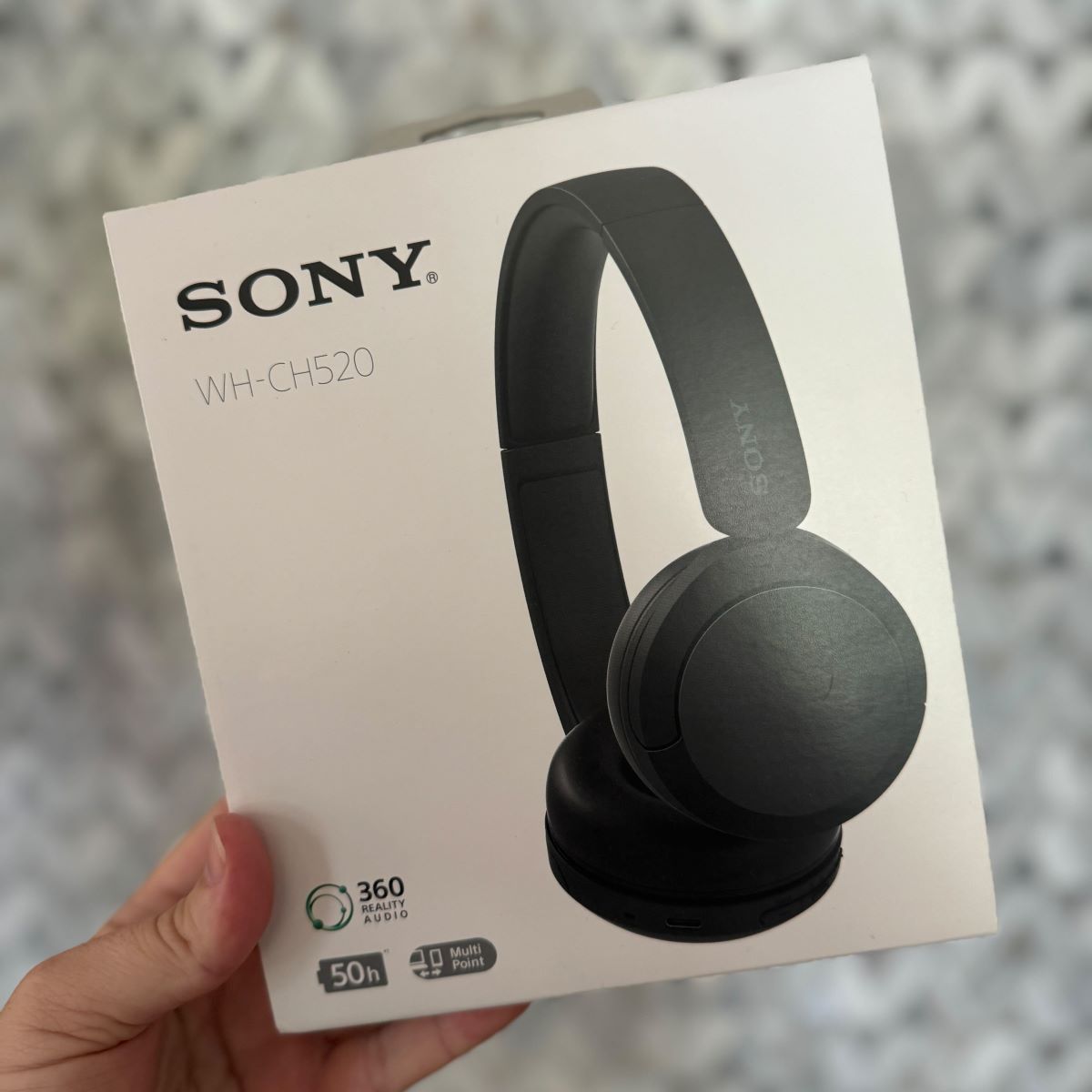 hand holding a box with Sony headphones