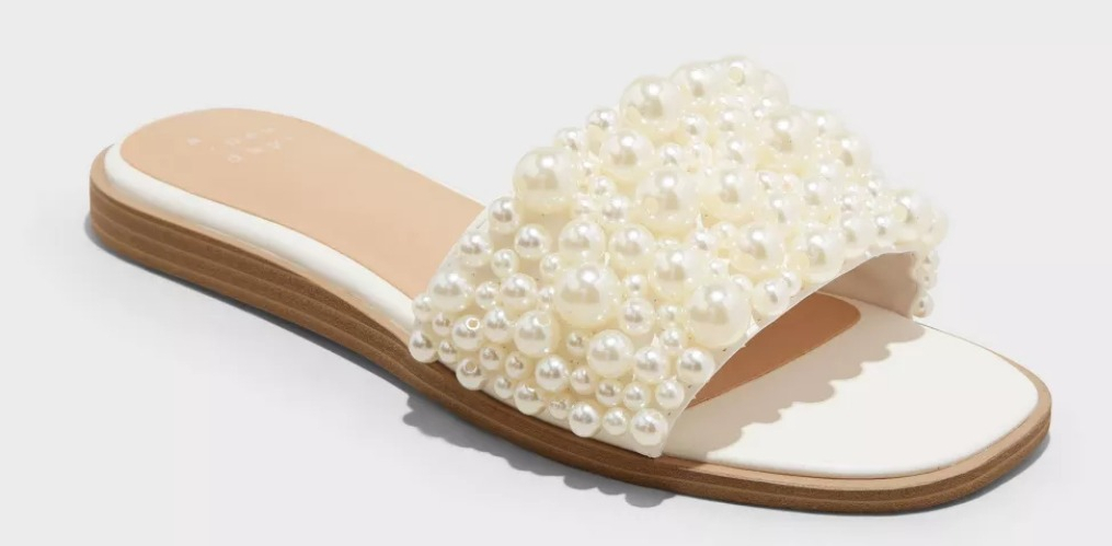 beige slide sandal with pearls on the top