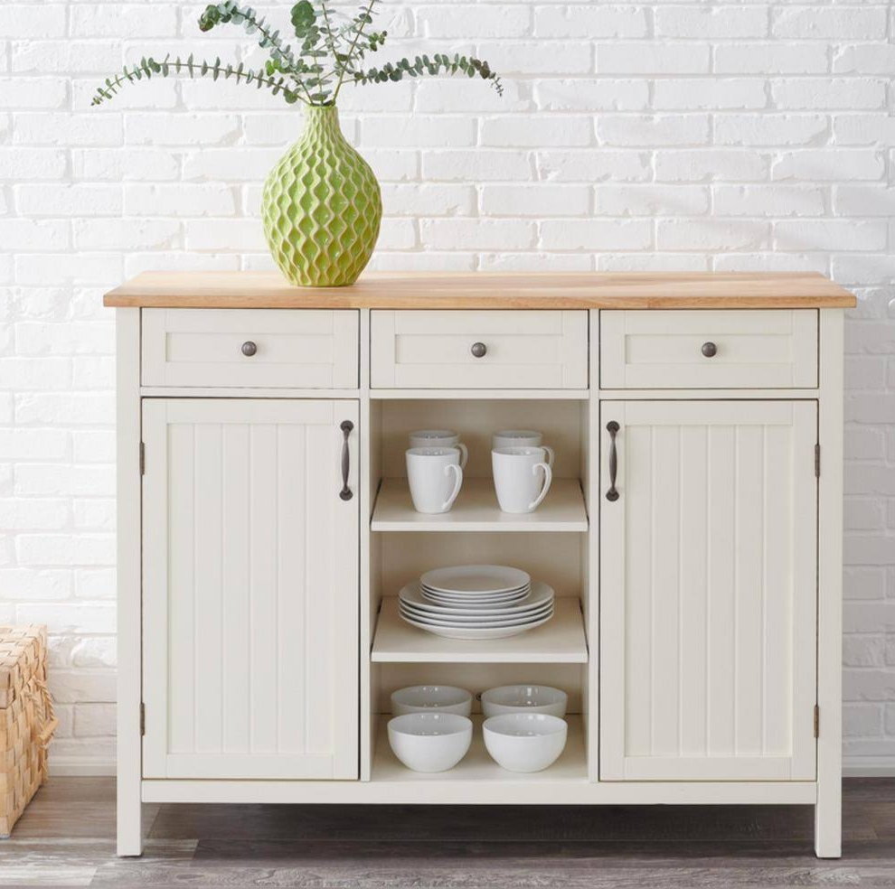 StyleWell Bainport Ivory Wooden Kitchen Island with Natural Butcher Block Top and Storage