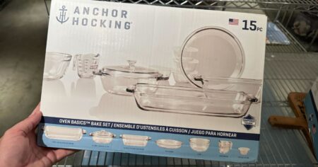 hand holding an Anchor Hocking bakeware box set