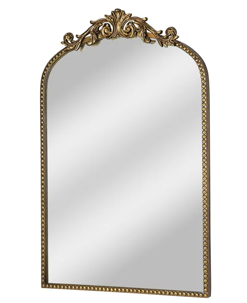 mirror with gold edging and flourish on the top