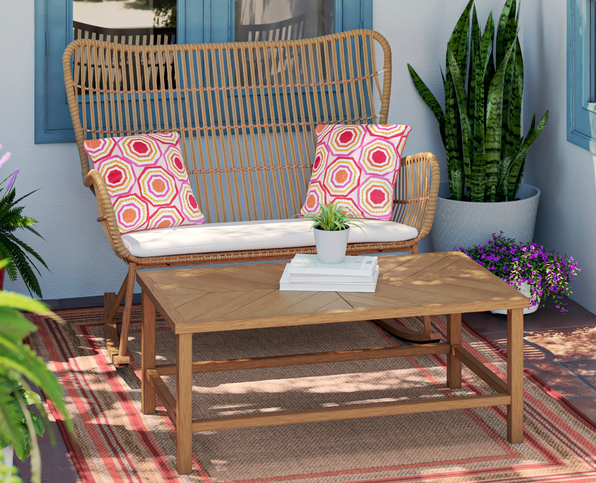 wicker patio set with whtie cushions