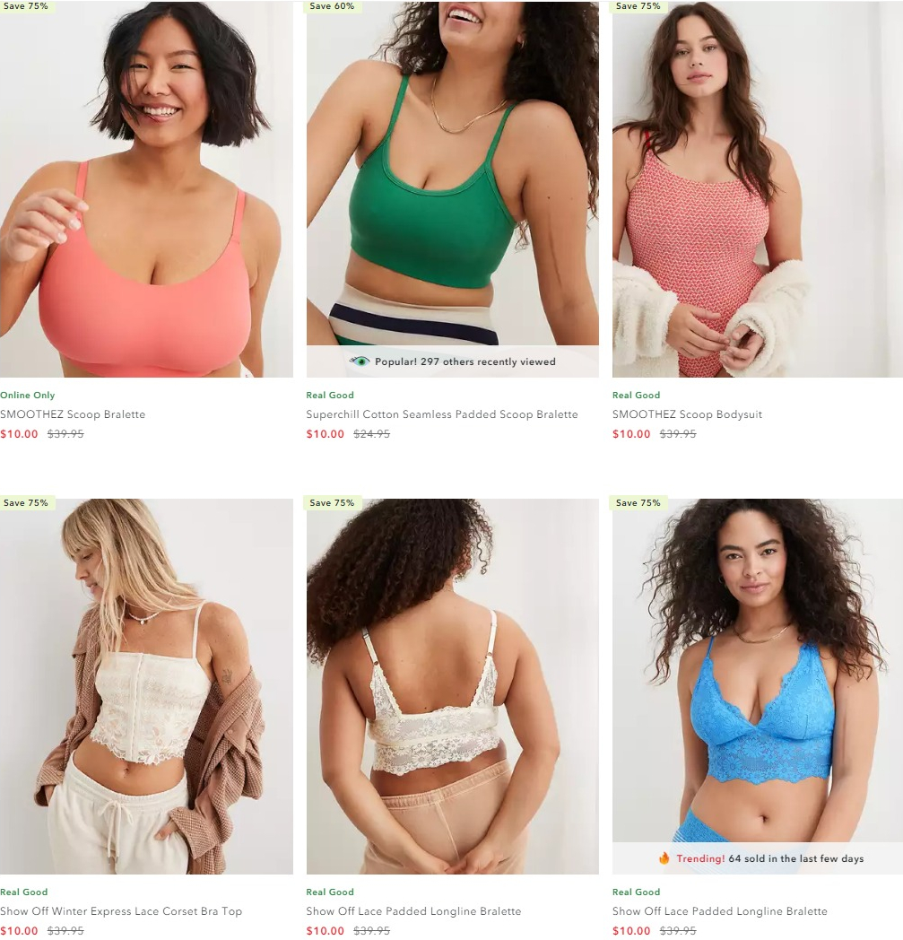 screenshot of the Aerie site showing six women in bras or bralettes