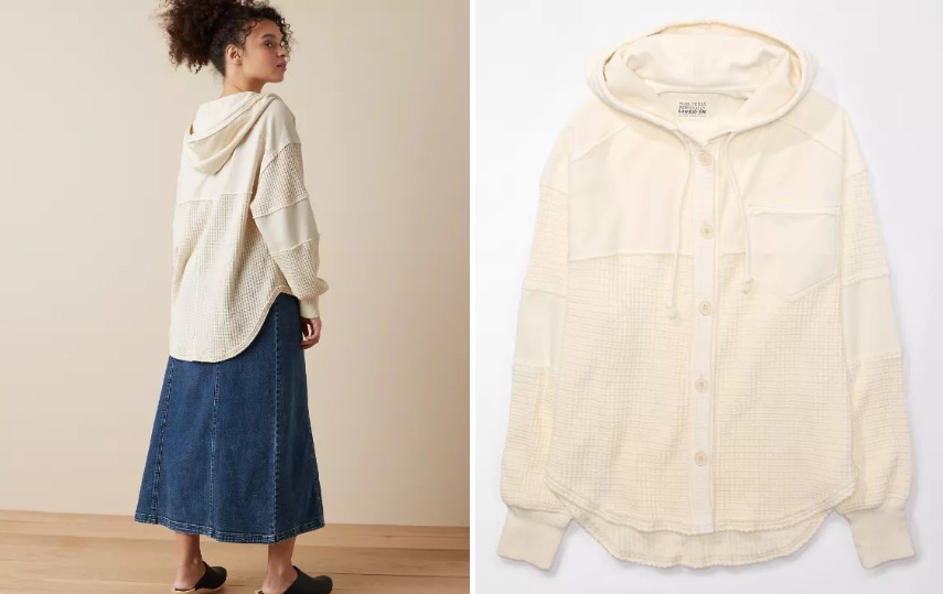 AE Oversized Big Hug Shacket woman wearing a beige jacket and a stock image of the jacket next to her