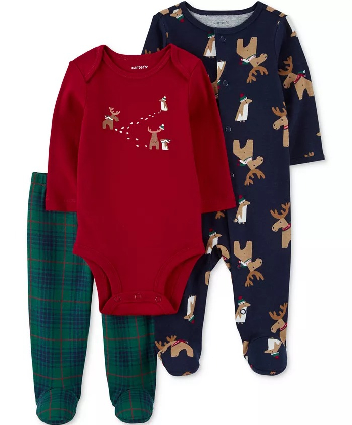 Baby Boys Cotton Reindeer Sleep and Play Footed Coverall Bodysuit and Footed Pants Piece Set
