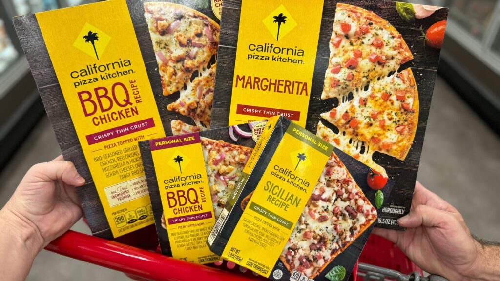 Shopping cart with California pizza kitchen pizzas