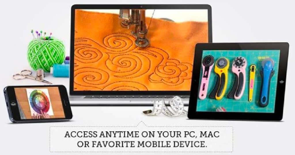 quilters circle app on a phone, table, and computer with quilting supplies around them