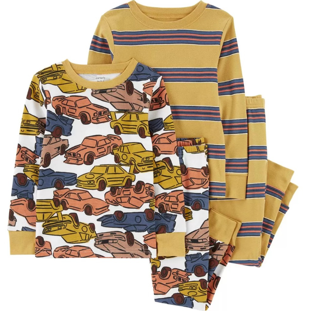 matching pajama tops and bottoms with one set featuring cars and one set with stripes