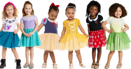 toddlers and girls in a row wearing Disney Princess Dresses on sale