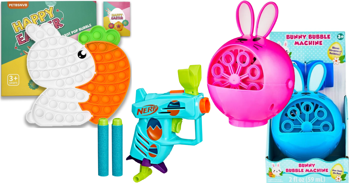Easter popper and nerf and bubbl machine