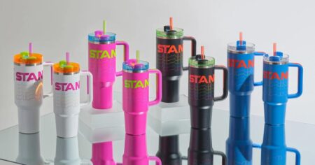 row of Stanley tumblers