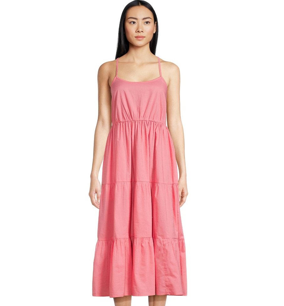 woman wearing a long pink dress