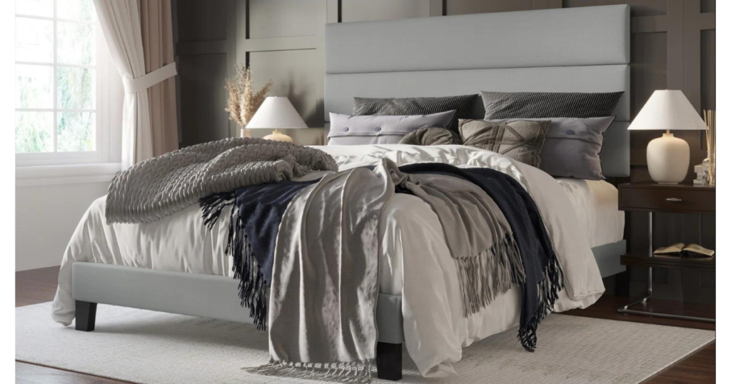 wayfair upholstered queen bed in the color gray