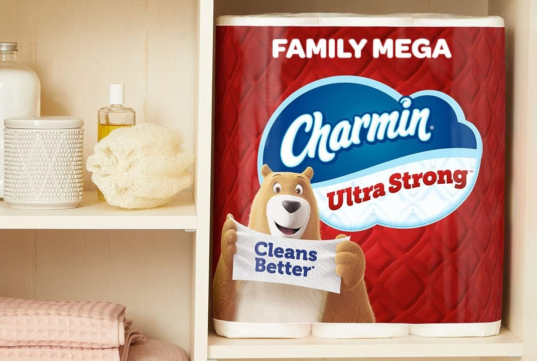 Charmin Ultra Strong Charmin Ultra Strong toilet paper package on a bathroom shelf