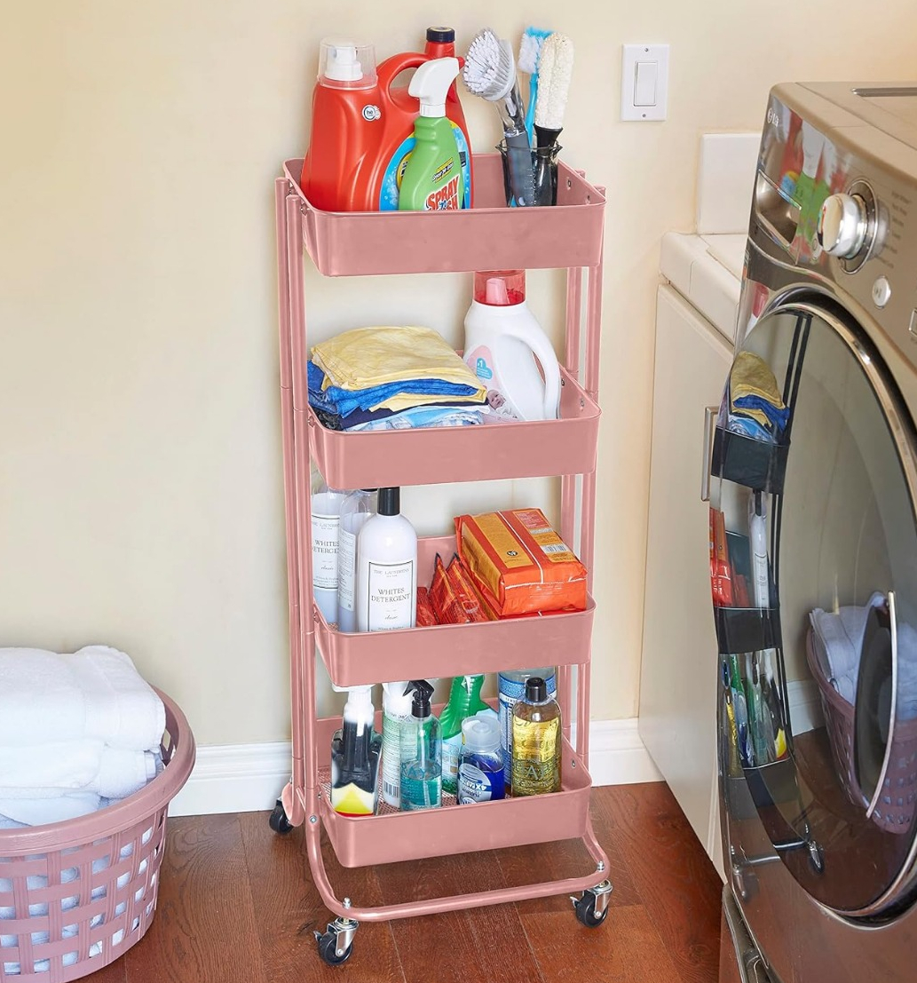 ECR Kids Tier Metal Rolling Utility Cart four tier metal rolling cart with laundry products in it