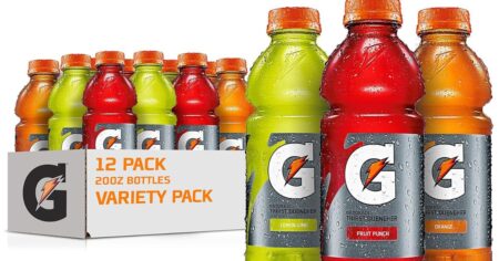Gatorade variety pack in a box with three bottles next to it