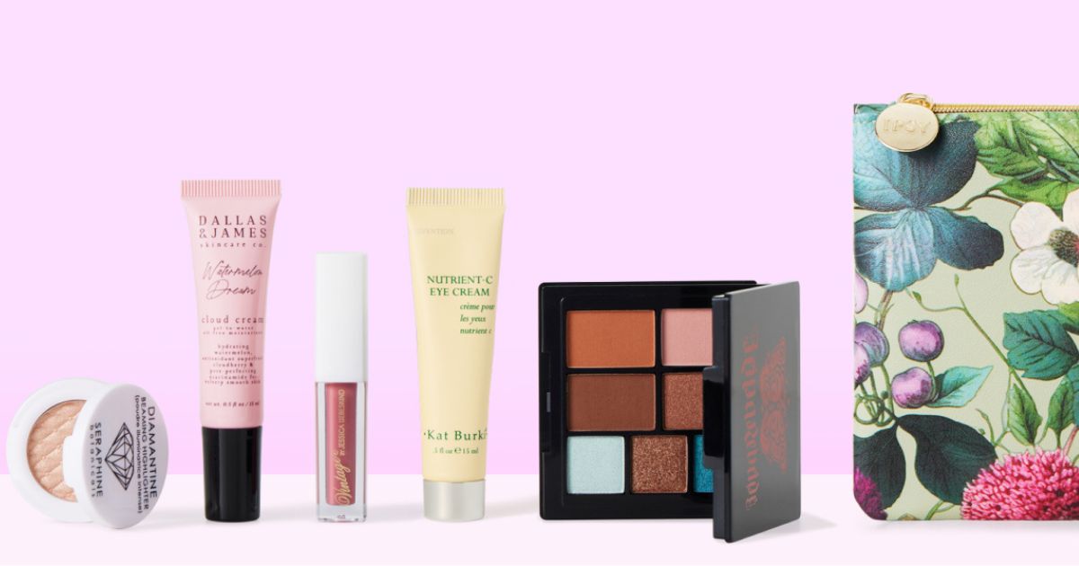 row of beauty products and a cosmetics bag