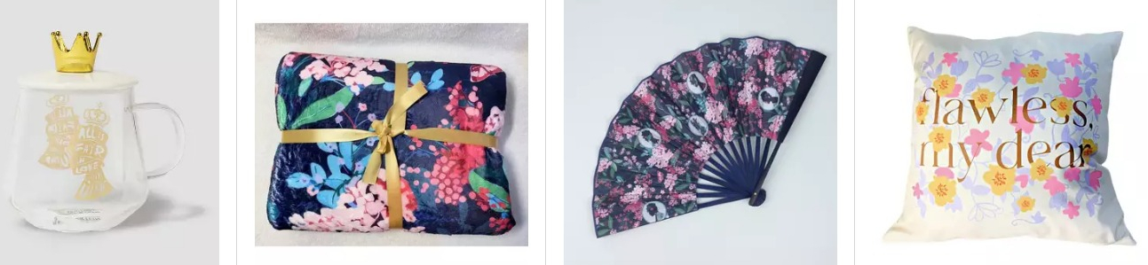 row of Bridgerton themed products including a mug, blanket, fan, and pillow