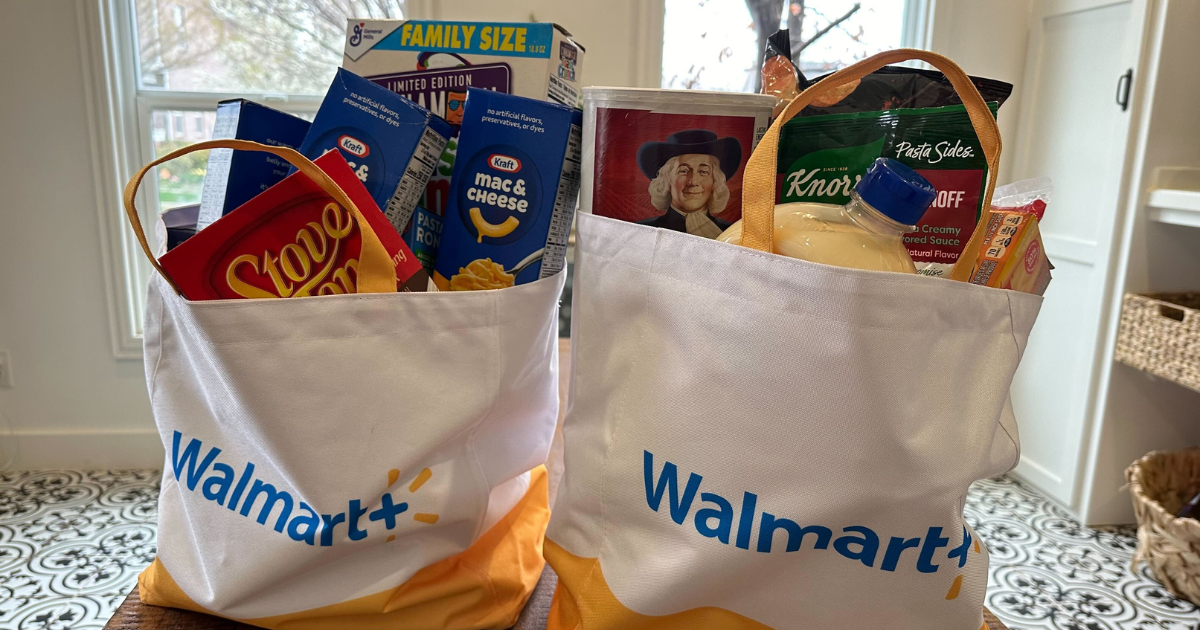 Walmart+ bags Walmart bags filled with groceries