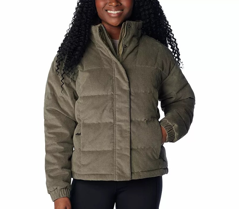woman wearing a green Columbia puffer jacket