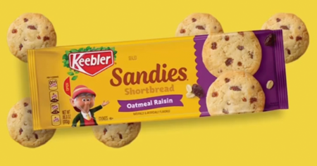 keebler sandies oatmeal raisin cookies on a yellow background
