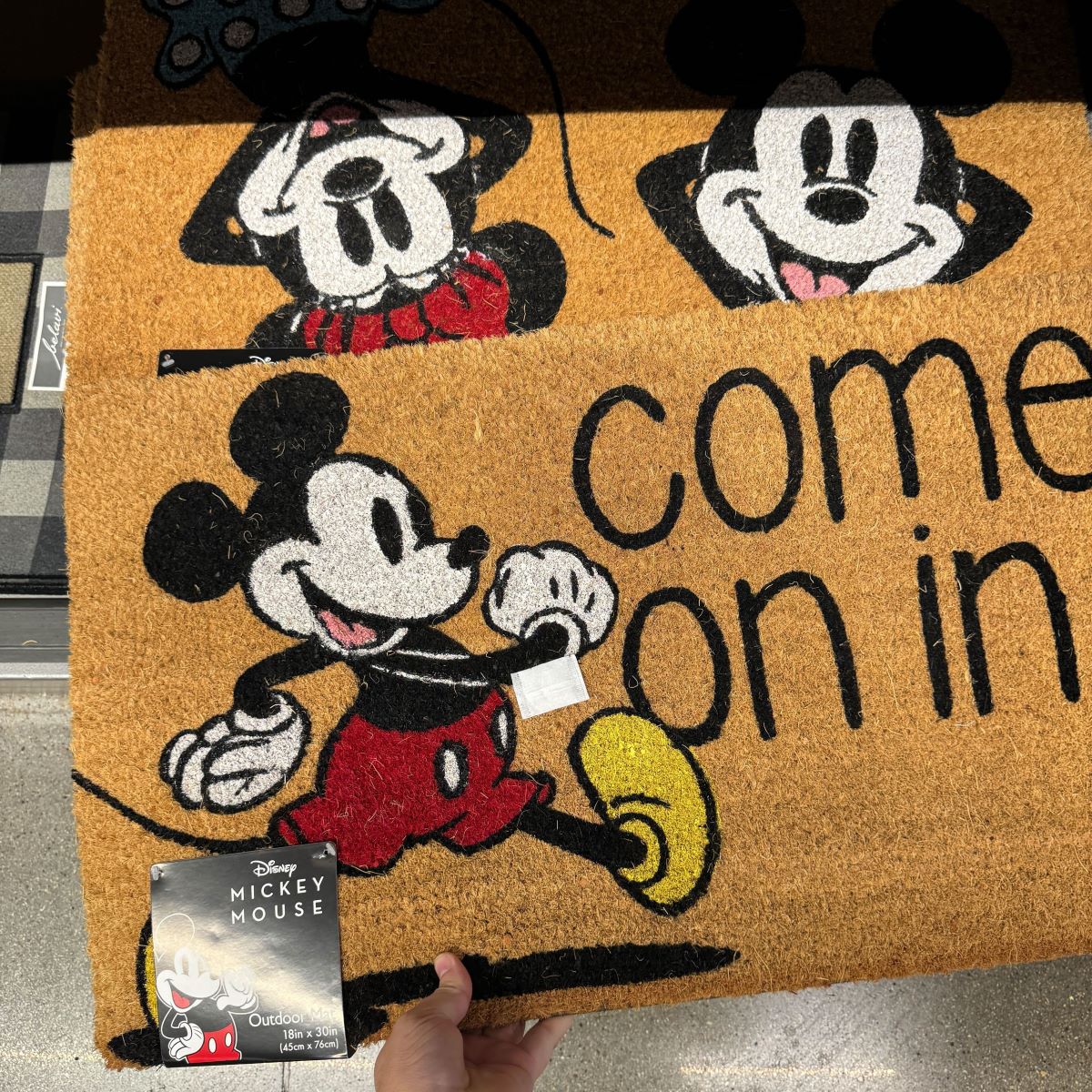 hand holding a Disney doormat