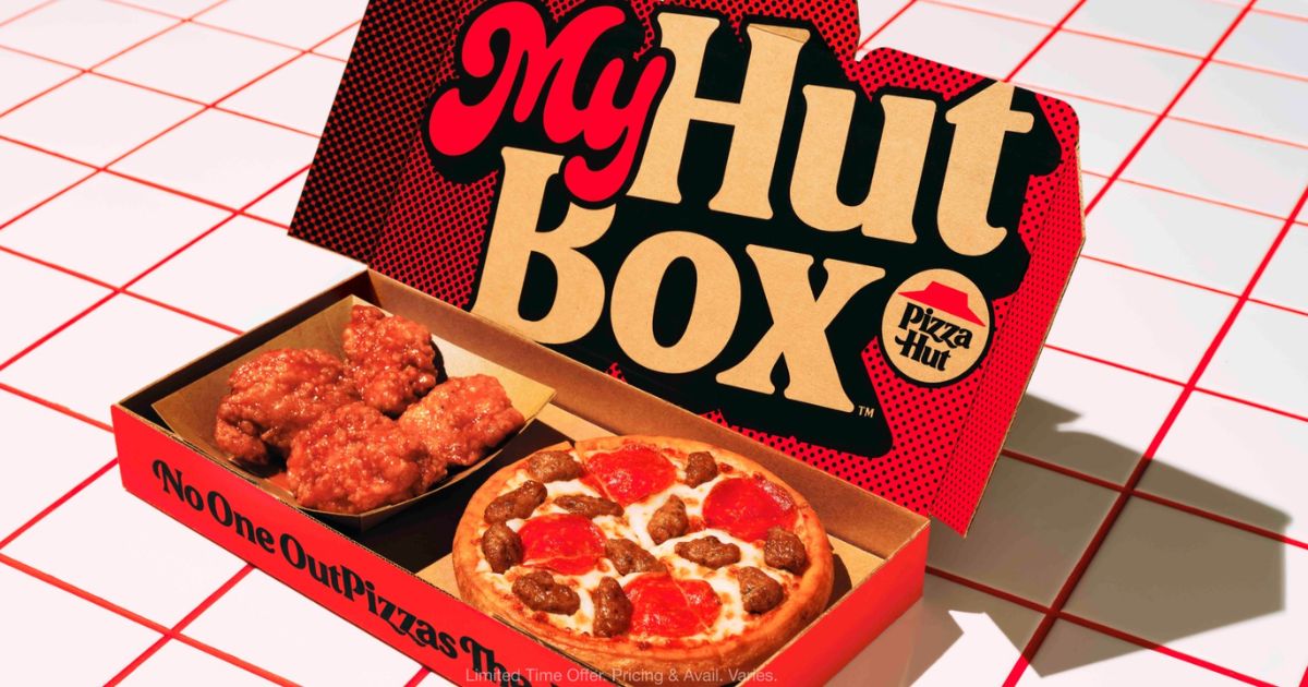 Pizza Hut My Hut Box with a small pizza and wings