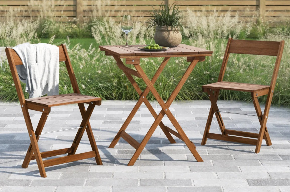 Prachi ” Square Piece Solid Acacia Wood Outdoor Bistro Set wood patio set with table and two chairs