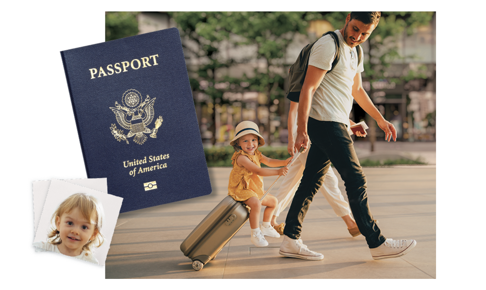 man walking with a child riding on his suitcase and a picture of a passport in the corner advertising CVS passport photos and deals