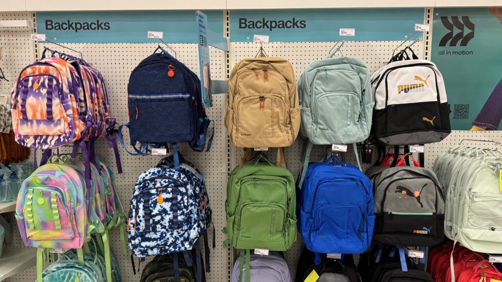 display of backpacks at Target