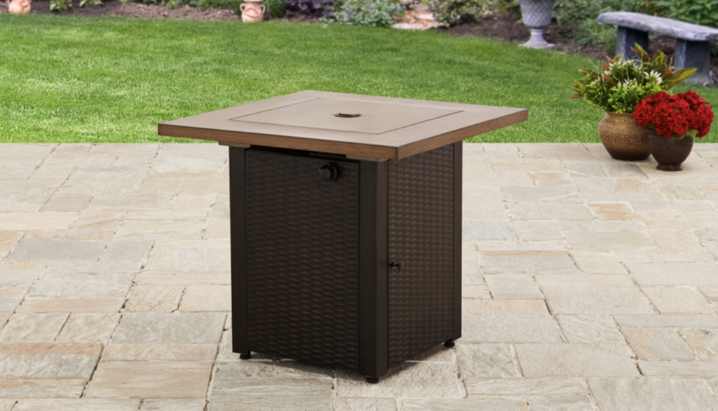 Mainstays Laurel 28 Square 48 000 BTU Propane Gas Fire Pit Table with Lava Rocks and Metal Lid
