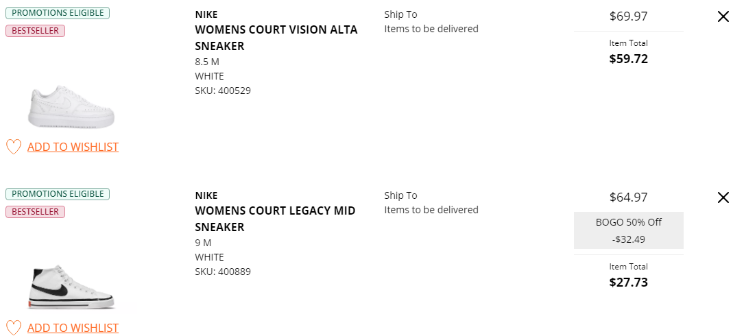 two pairs of Nike shoes in a cart