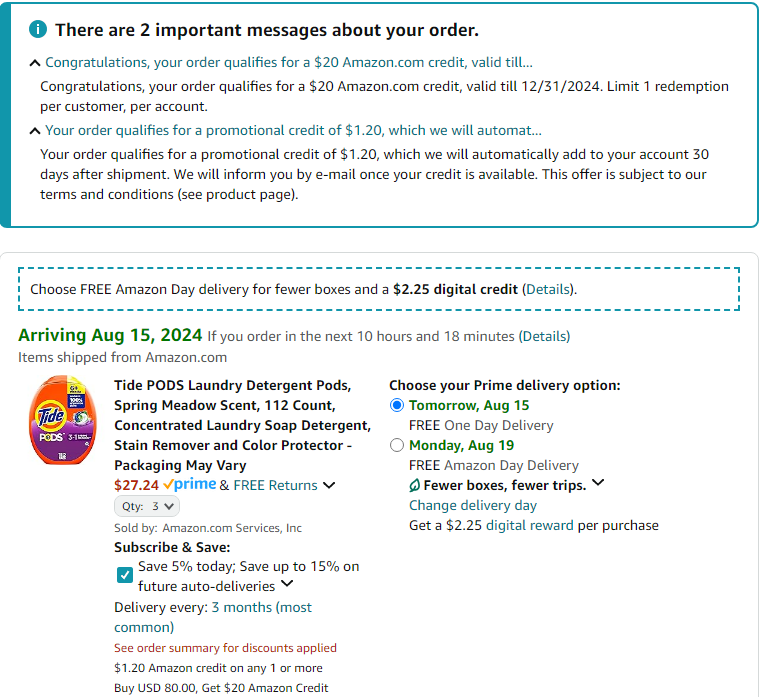 screenshot of Amazon cart with Tide