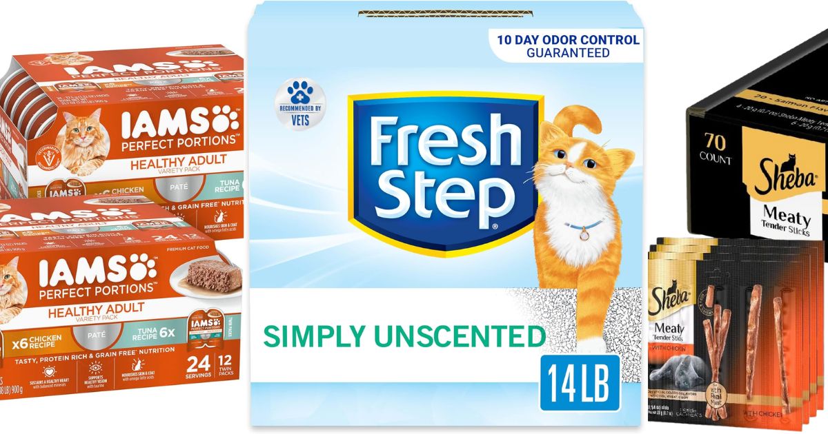 cat food, treats, and litter