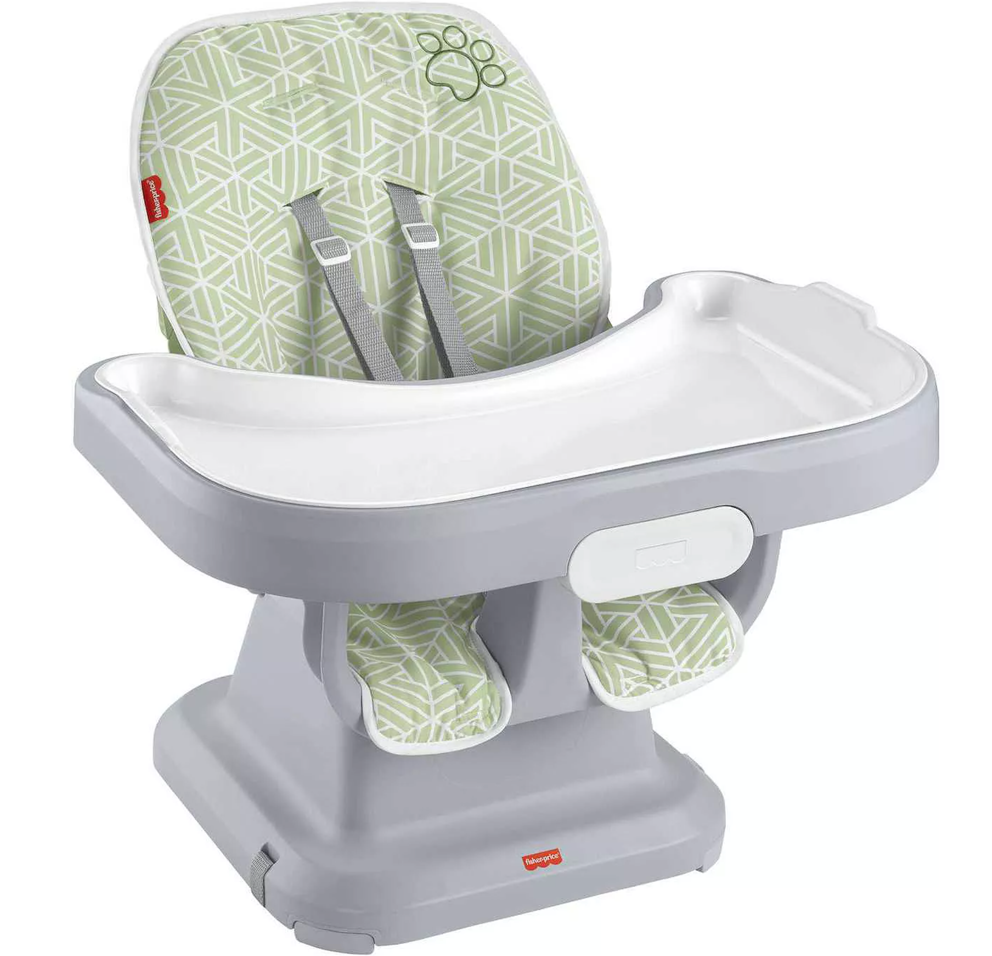 grey highchair with green padding